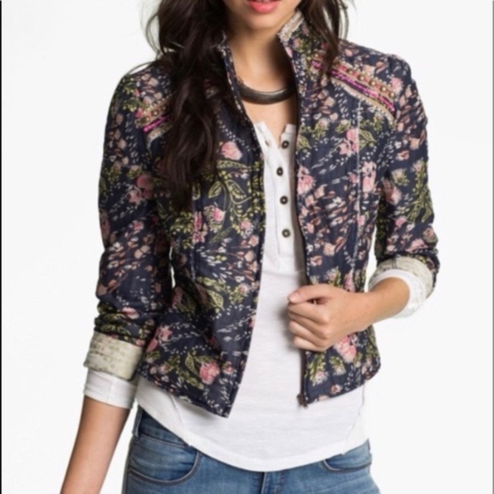 Free People Floral Jacket - Navy and Pink